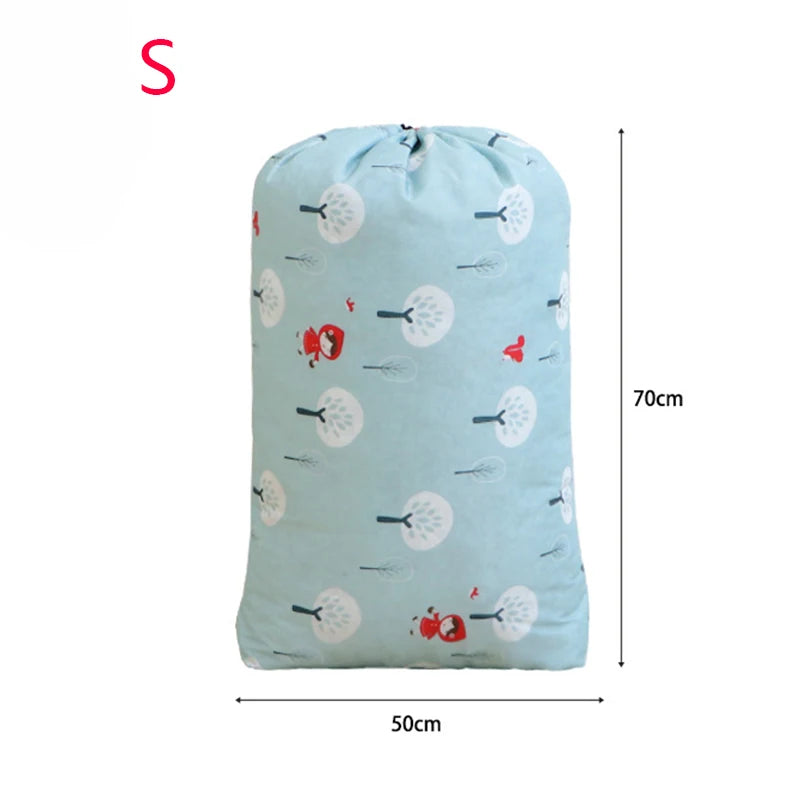 Light blue drawstring storage bag filled with various small items like fabric scraps and buttons