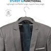 A gray suit jacket with a dark blue tie is hanging on a hanger, demonstrating the product's functionality.