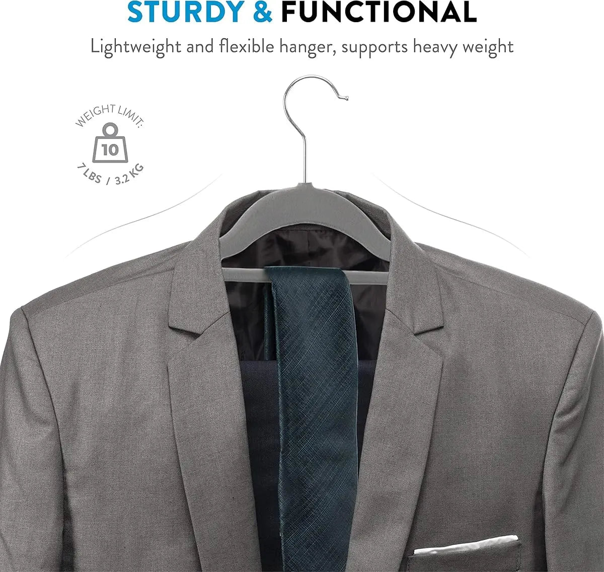 A gray suit jacket with a dark blue tie is hanging on a hanger, demonstrating the product's functionality.