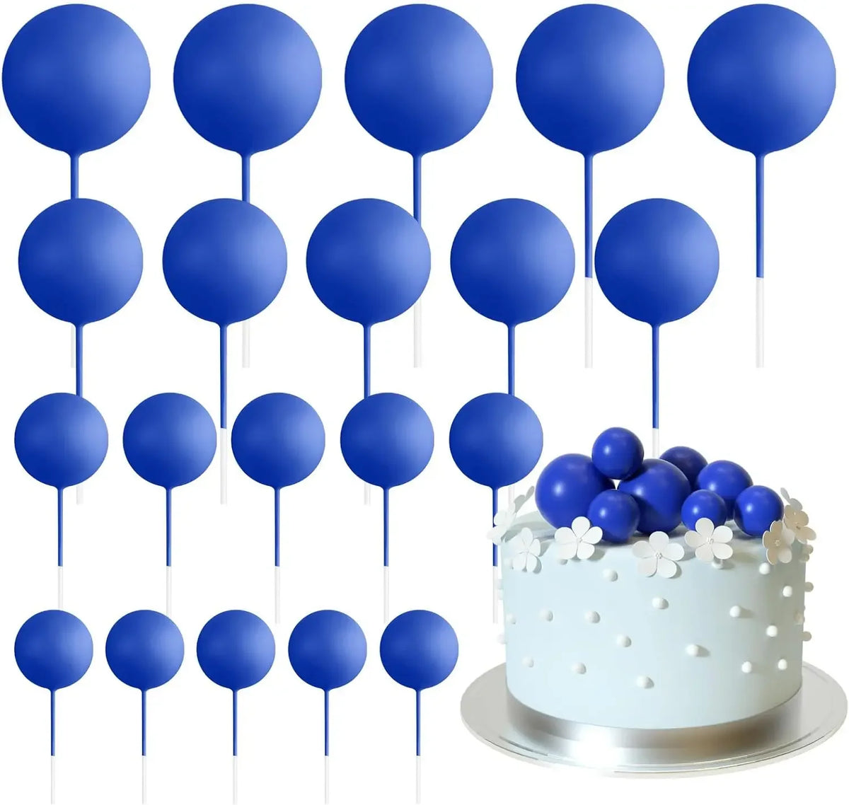 A collection of 20 blue balloon cake toppers on sticks.