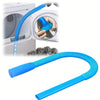 A blue flexible drying hose with an elastic connector is shown being used to clean a washing machine.