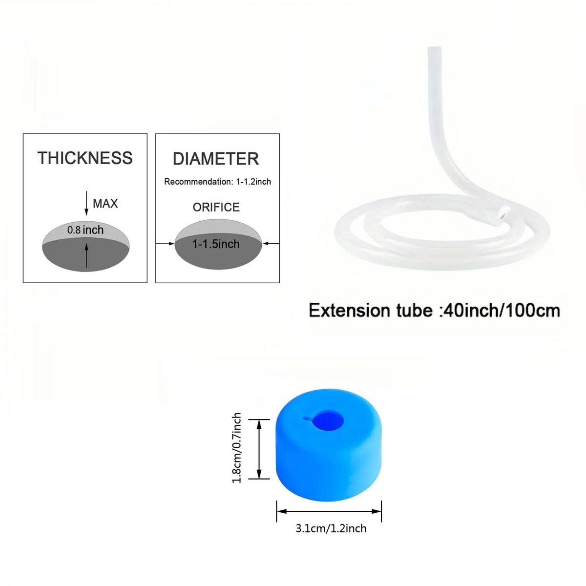 White silicone extension tube and blue liquid soap dispenser with measurement markings