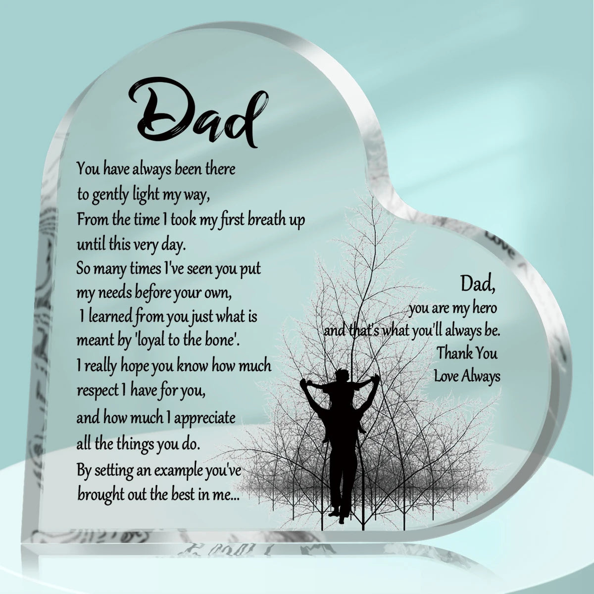 A heart-shaped acrylic keepsake plaque with a handwritten message dedicated to Dad.