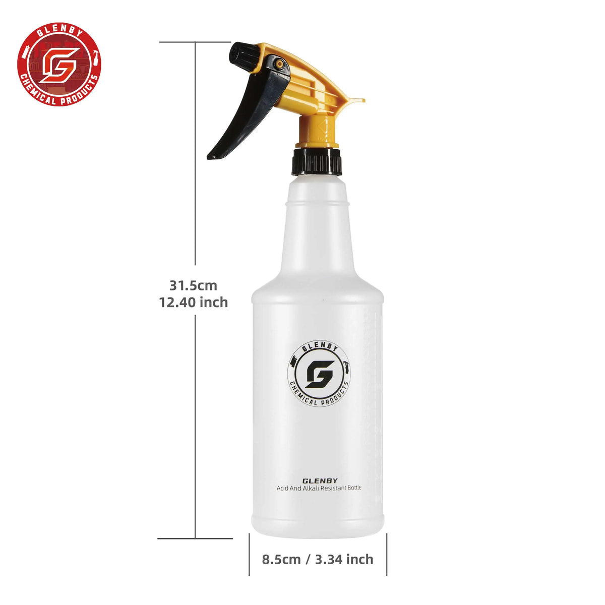 Weiße Glendy Säure- und alkal beständige Flasche mit gelbem Sprühkopf und schwarzem Griff.