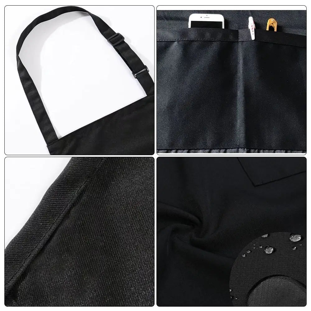 Classic black chef apron featuring a large front pocket and textured fabric details.