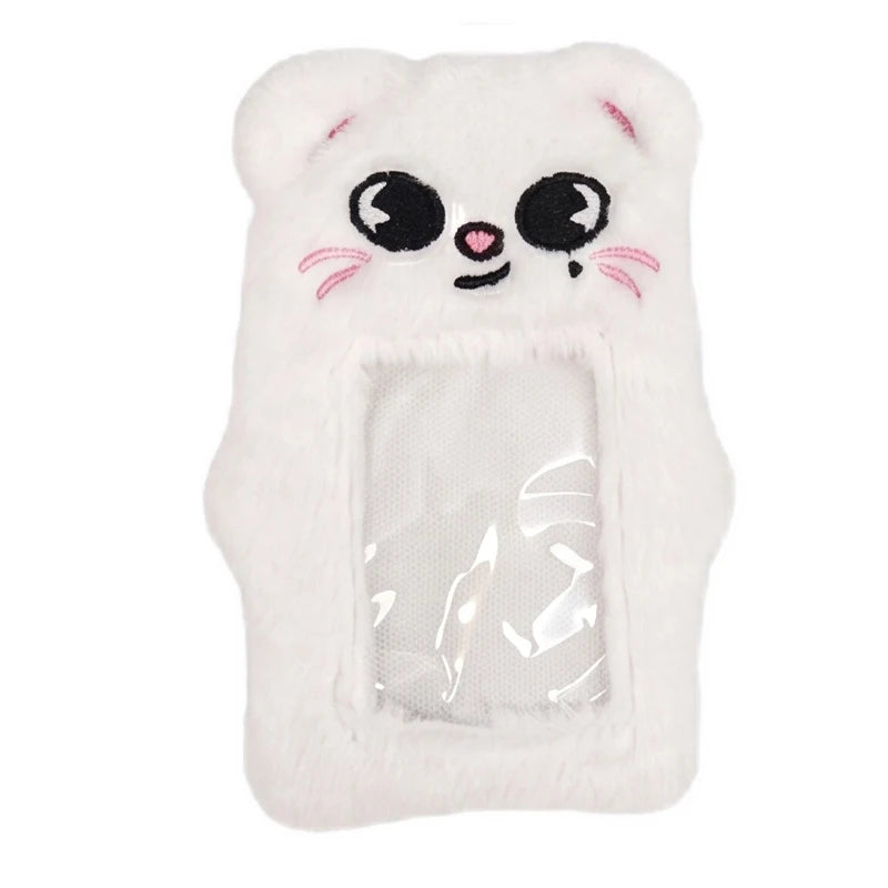 A white plush doll storage bag with cat ears and a clear window for storage.