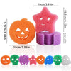 A set of orange, purple, pink, and green temperature sensing dish scrubbing sponges in various shapes.