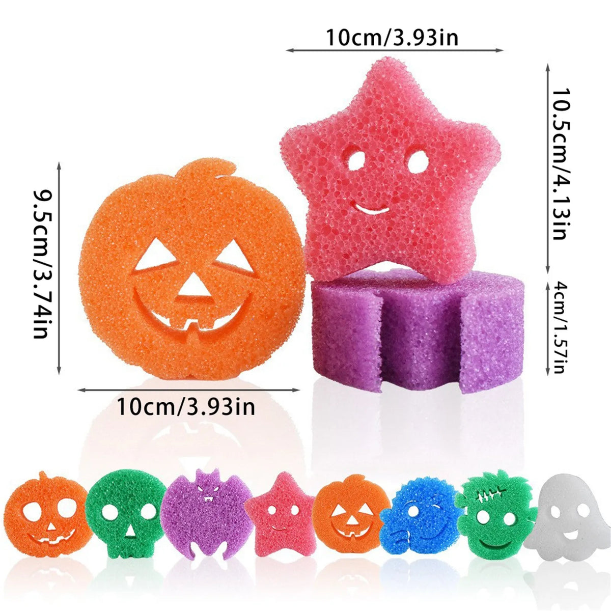A set of orange, purple, pink, and green temperature sensing dish scrubbing sponges in various shapes.