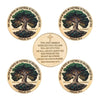 A set of five gold-colored coins featuring the image of a rooted tree and Bible verses from Psalm 18:2 and Deuteronomy 31:8