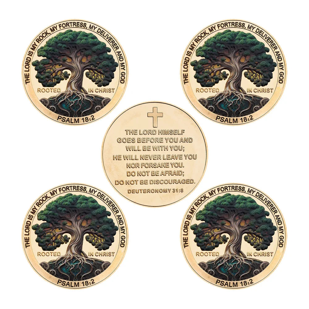 A set of five gold-colored coins featuring the image of a rooted tree and Bible verses from Psalm 18:2 and Deuteronomy 31:8