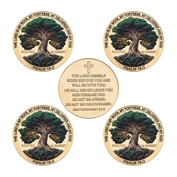 A set of five gold-colored coins featuring the image of a rooted tree and Bible verses from Psalm 18:2 and Deuteronomy 31:8