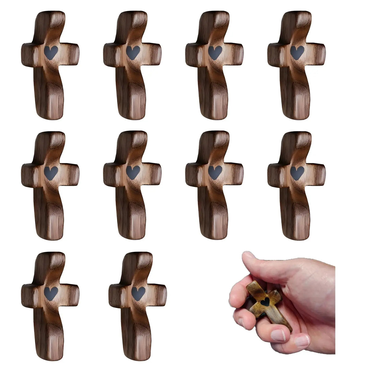 A set of handcrafted wooden pocket crosses in various finishes and sizes shown alongside a hand holding one.
