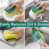 A set of yellow and green magic cleaning sponges used to easily remove dirt and grease from dishes.
