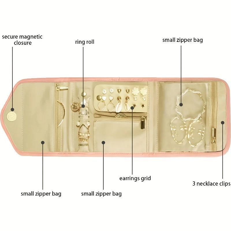 A light beige foldable jewelry organizer bag showing various compartments for rings, earrings, and necklaces.
