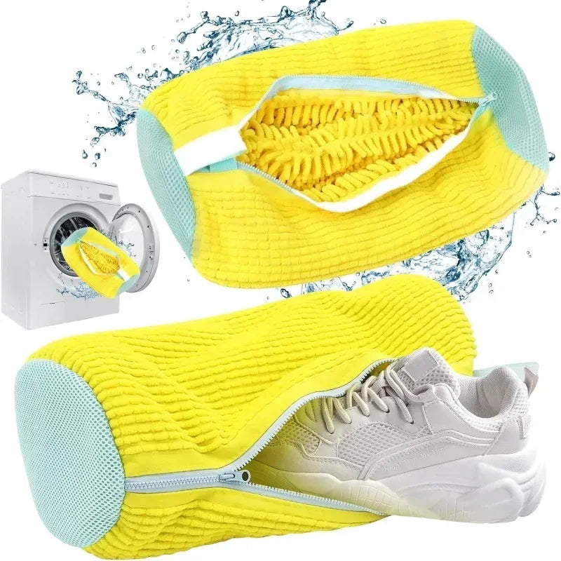 Yellow zippered laundry bag used as a shoe cleaning tool, shown next to a white appliance.