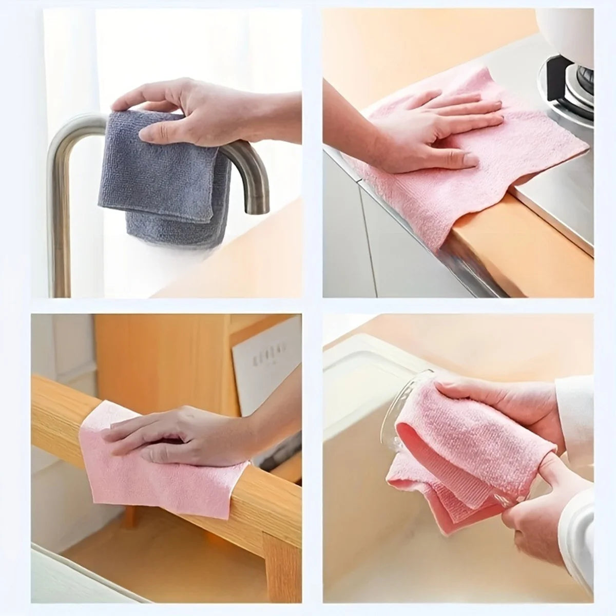 Hands are shown using pink reusable multi-surface cleaning wipes on various surfaces.