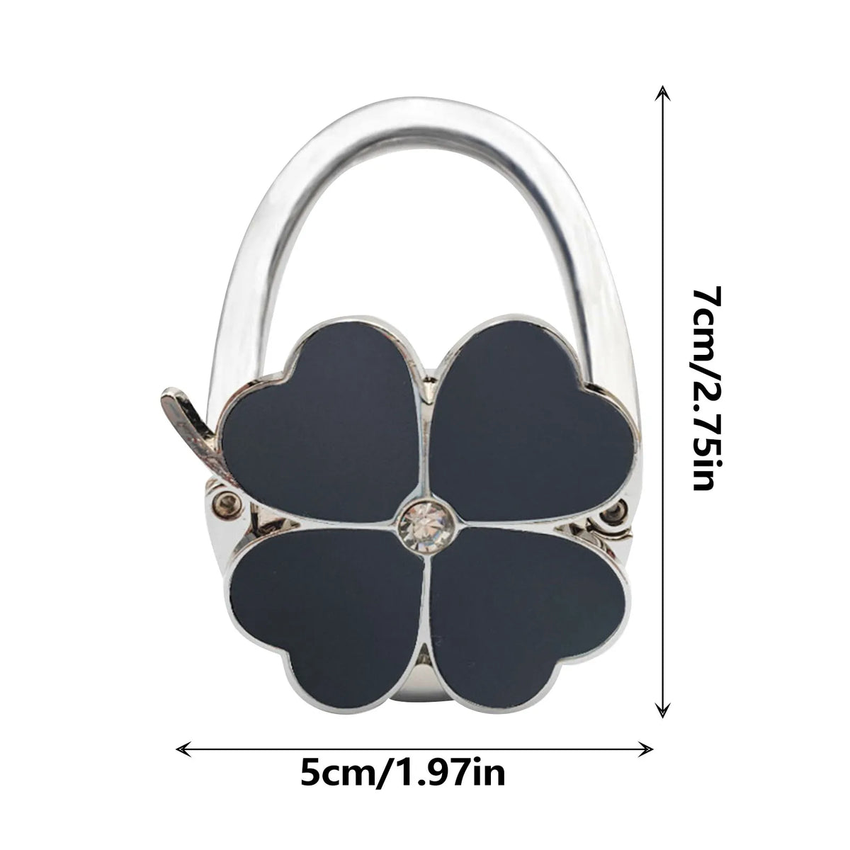 Silver foldable handbag hook with a black flower design and a clear jewel detail