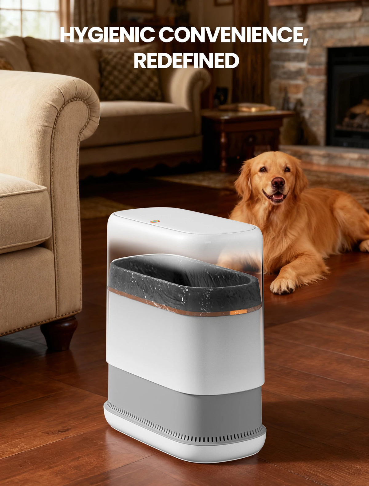A white, modern slim hands-free trash can with a dark lid sits on a wooden floor next to a golden retriever.