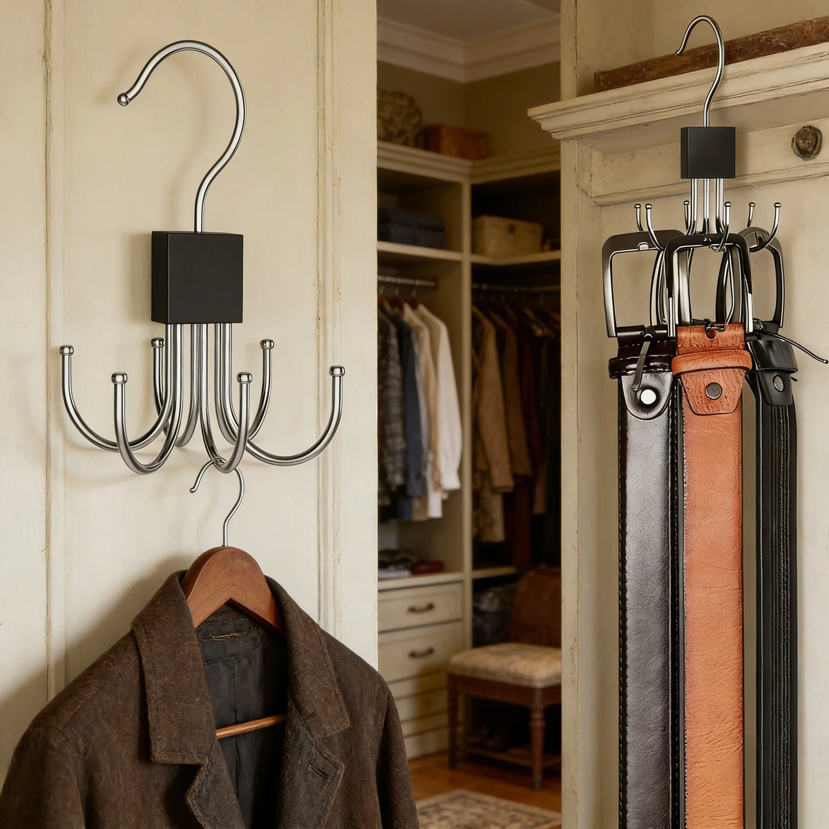 Silberner, faltbarer Gürtel und Accessoire-Halter auf einem Wandhaken
