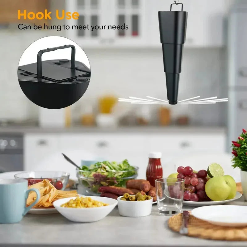 A black multi-functional fly repellent fan is shown hanging, with various food items visible in the background.