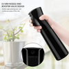 A hand holds a black handheld spray bottle with a nozzle design, demonstrating its large spraying area and fine mist capabili
