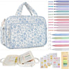A light blue floral quilted Bible cover with a fabric strap and accompanying study accessories.