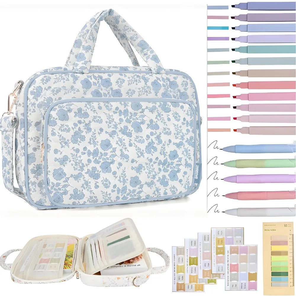 A light blue floral quilted Bible cover with a fabric strap and accompanying study accessories.