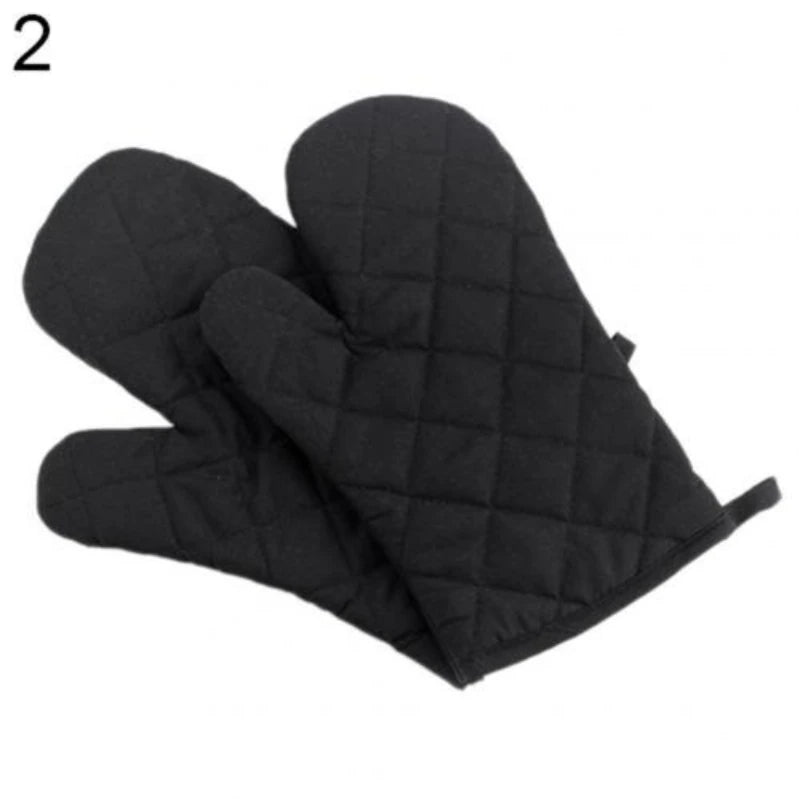 A pair of black quilted heat resistant oven mitts shown from the side.