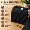 A stack of black microfiber cleaning towels is shown next to various icons highlighting their features like saving money and 