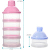 A stack of pink and clear plastic containers for storing milk powder, showing various sizes.