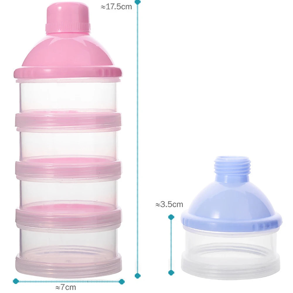 A stack of pink and clear plastic containers for storing milk powder, showing various sizes.