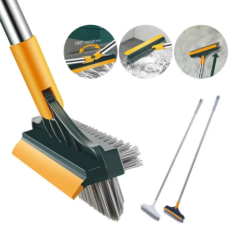 A yellow and black 3-in-1 magic scrub brush for deep cleaning showing various cleaning angles.