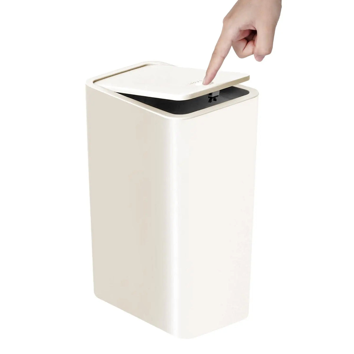 A hand is pressing the lid of a white 10L small trash can with a press-fit mechanism.