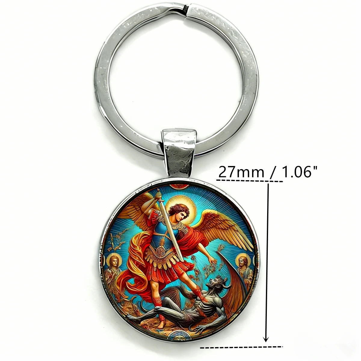 Silver keychain featuring an oval pendant depicting the Saint Michael Archangel with wings and a sword.