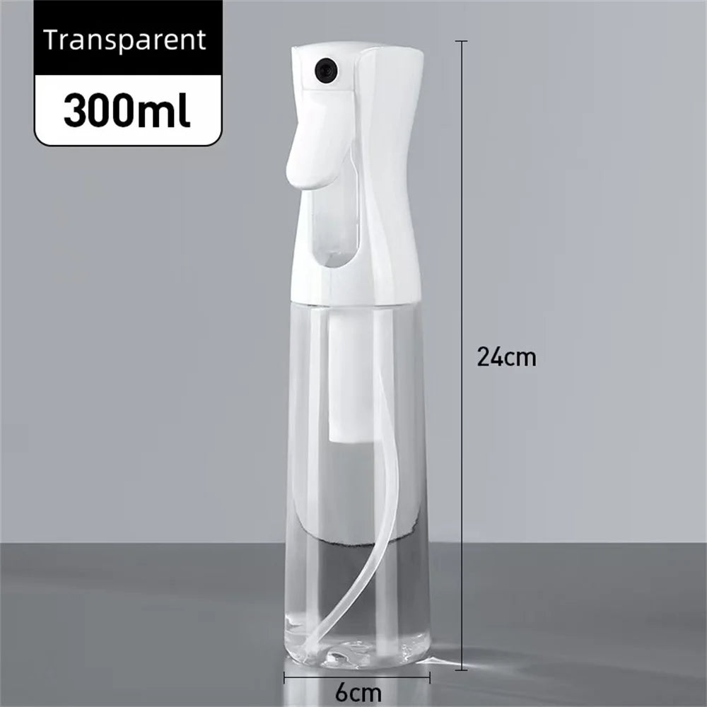 A clear, transparent 300ml handheld spray bottle with a white pump dispenser and a flexible tube.