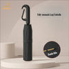 A black fully automatic loop umbrella with double ribs standing upright on a light surface.