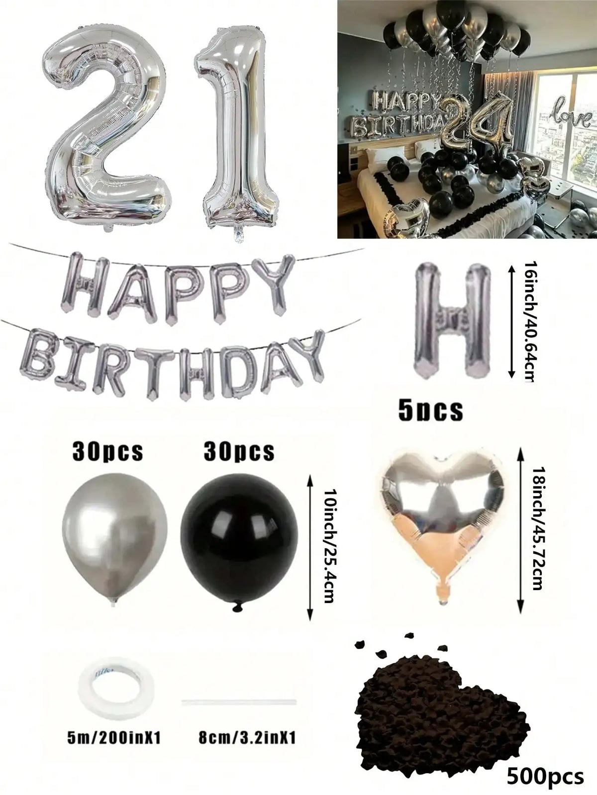 Un juego de globos numéricos de papel de aluminio plateado, una pancarta de cumpleaños y decoraciones de corazón de chocolate