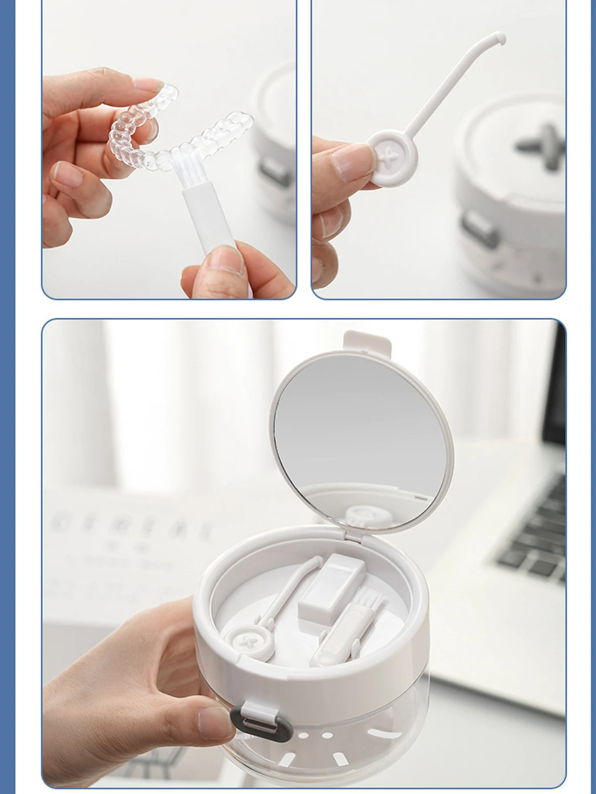 Close-up shots show a portable multi-tool organizer for dental appliances, including a clear dental tool and a white plastic 