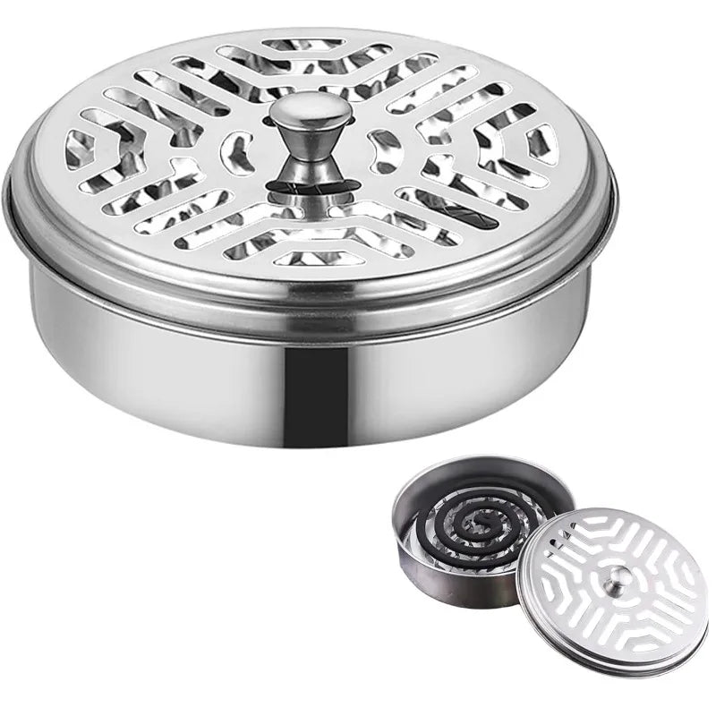 Stainless steel mosquito coil tray holder with a removable lid and a separate coil holder.