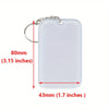 A rectangular white acrylic keychain with a silver keyring and hole.