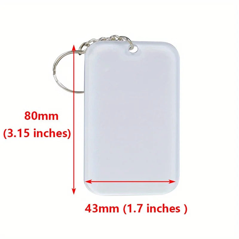 A rectangular white acrylic keychain with a silver keyring and hole.