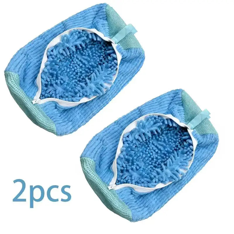 Two blue reusable shoe washing bags with an invisible zipper.