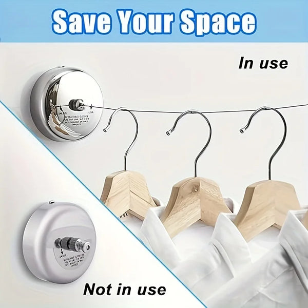 A retractable stainless steel clothesline is shown in use and not in use, demonstrating its space-saving features.