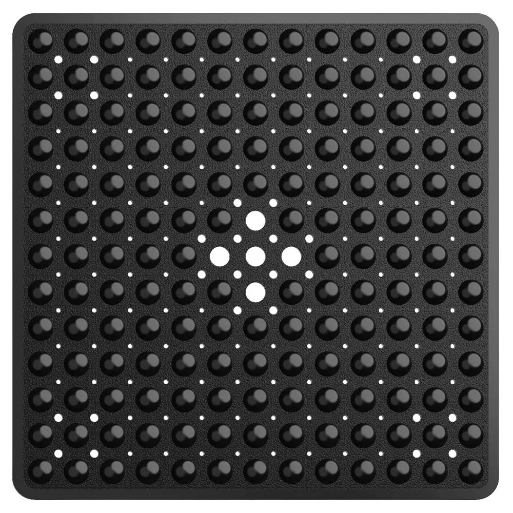 A black non-slip shower mat with numerous suction cups arranged in a grid pattern.