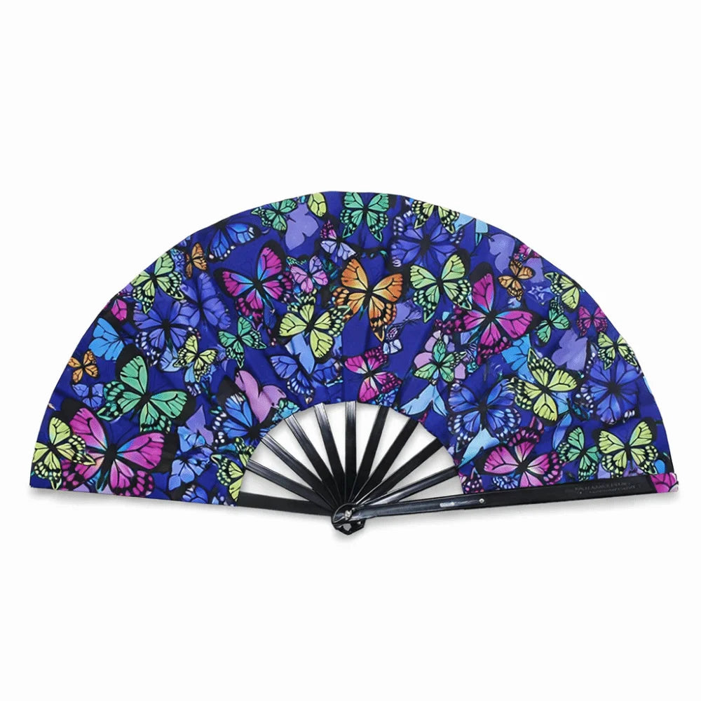 A hand fan with a holographic gradient pattern featuring colorful butterflies and floral designs.