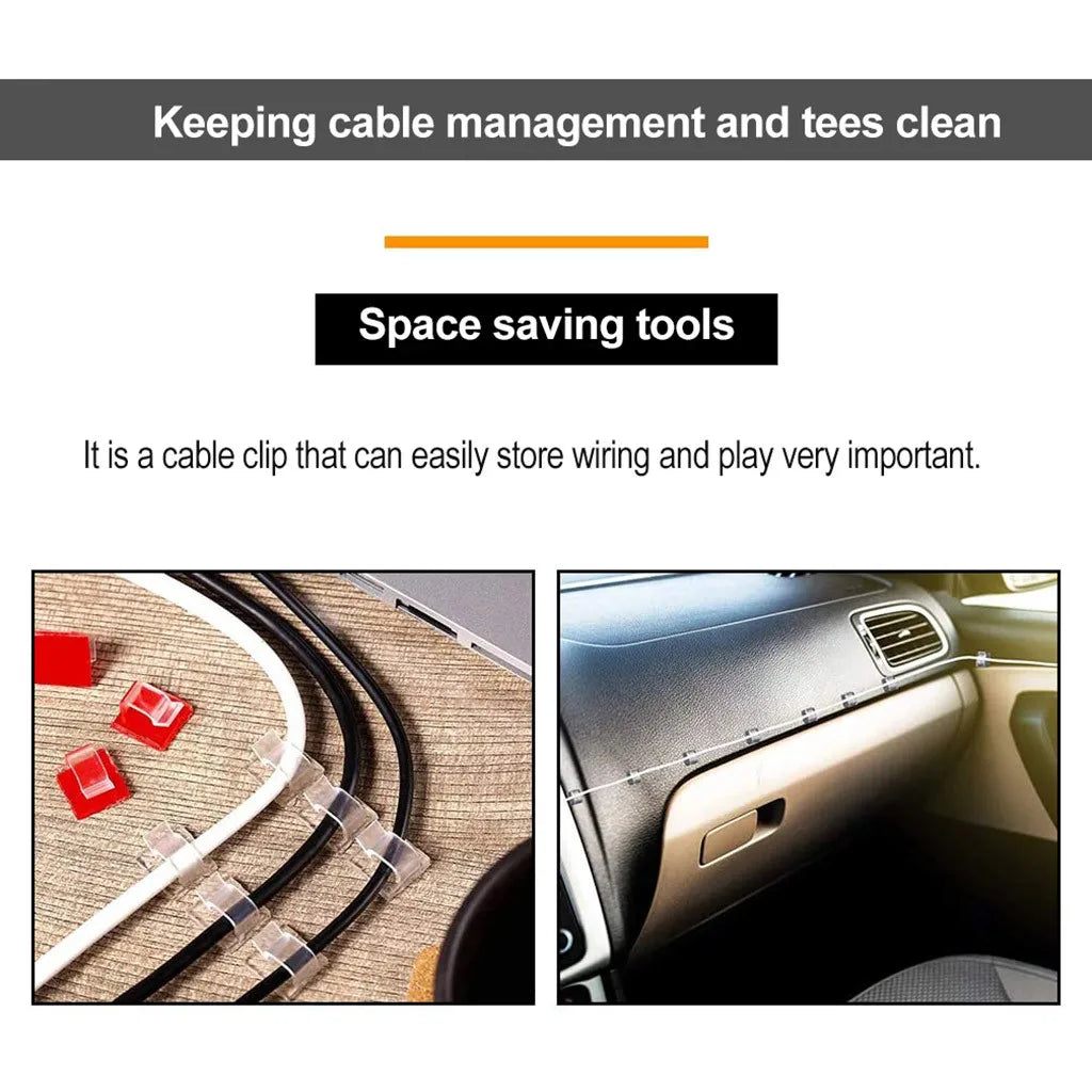 Close-up of cable clip organizers and holders used for storing wiring and tees in a vehicle interior.
