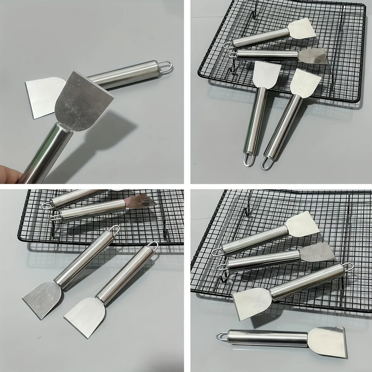 A collection of stainless steel multi-purpose scrapers and spatulas shown in various angles on a black mesh tray.