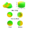 A set of green and yellow silicone storage jars, showing the top, front, and bottom views.