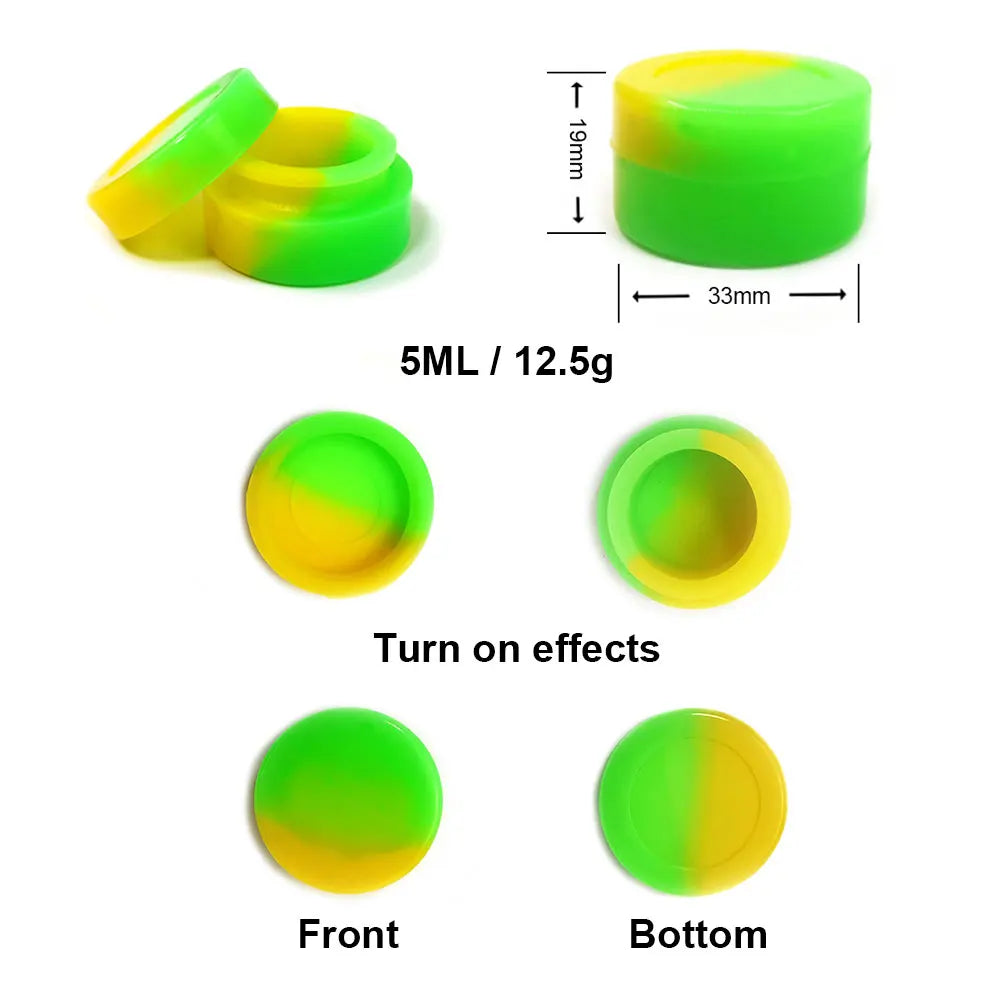 A set of green and yellow silicone storage jars, showing the top, front, and bottom views.