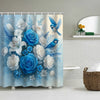 A floral shower curtain featuring blue and white peonies, lavender, and blue birds.